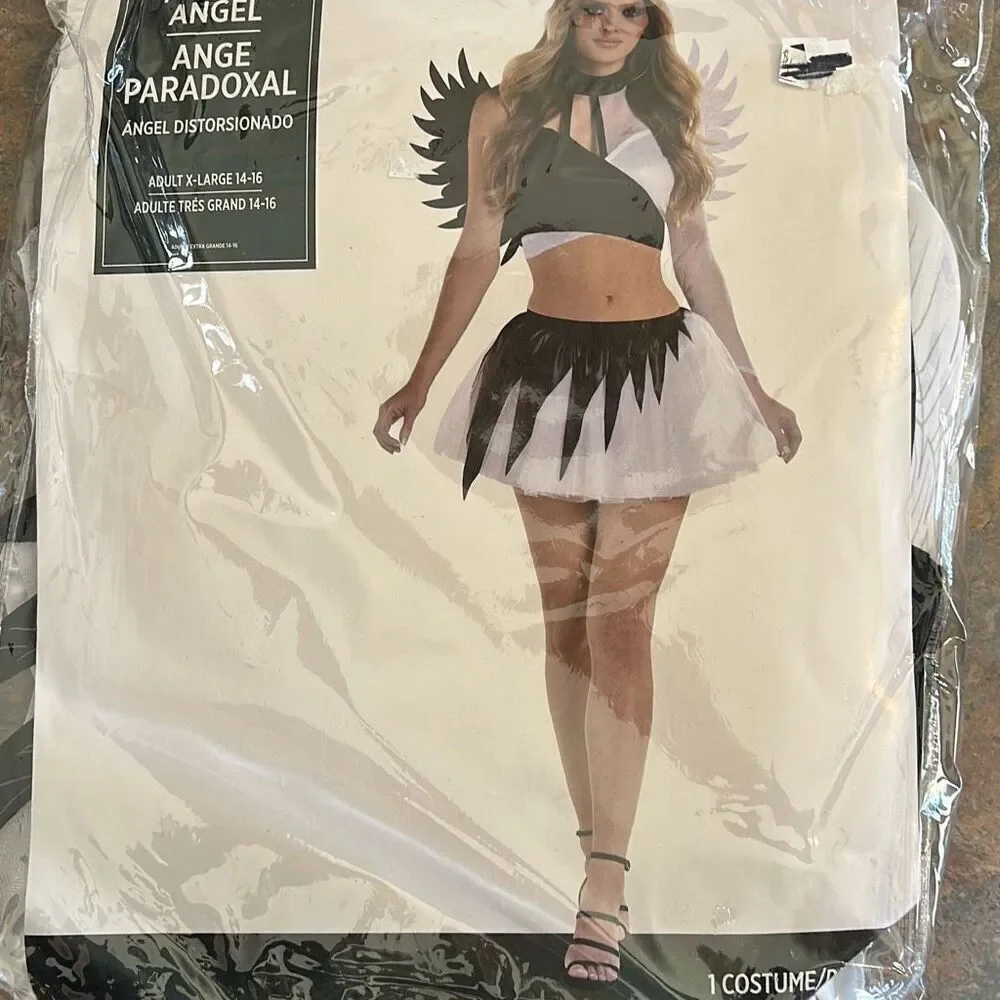 Sexy Twisted Angel Halloween Cosplay Costume XL Gothic Wings Black White